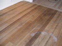 Tasmanian Oak flooring - Carpet removed to expose a stained floor.