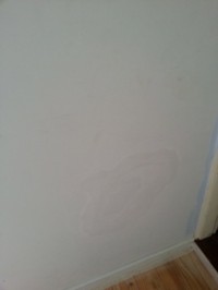 A large hole in the plaster wall caused by moving furniture, was repaired and primed.